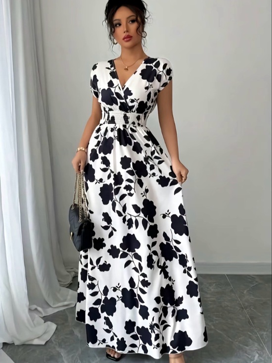 No brand Dresses & Skirts - White Maxi Dress with Black Floral Print and Smocked Waist